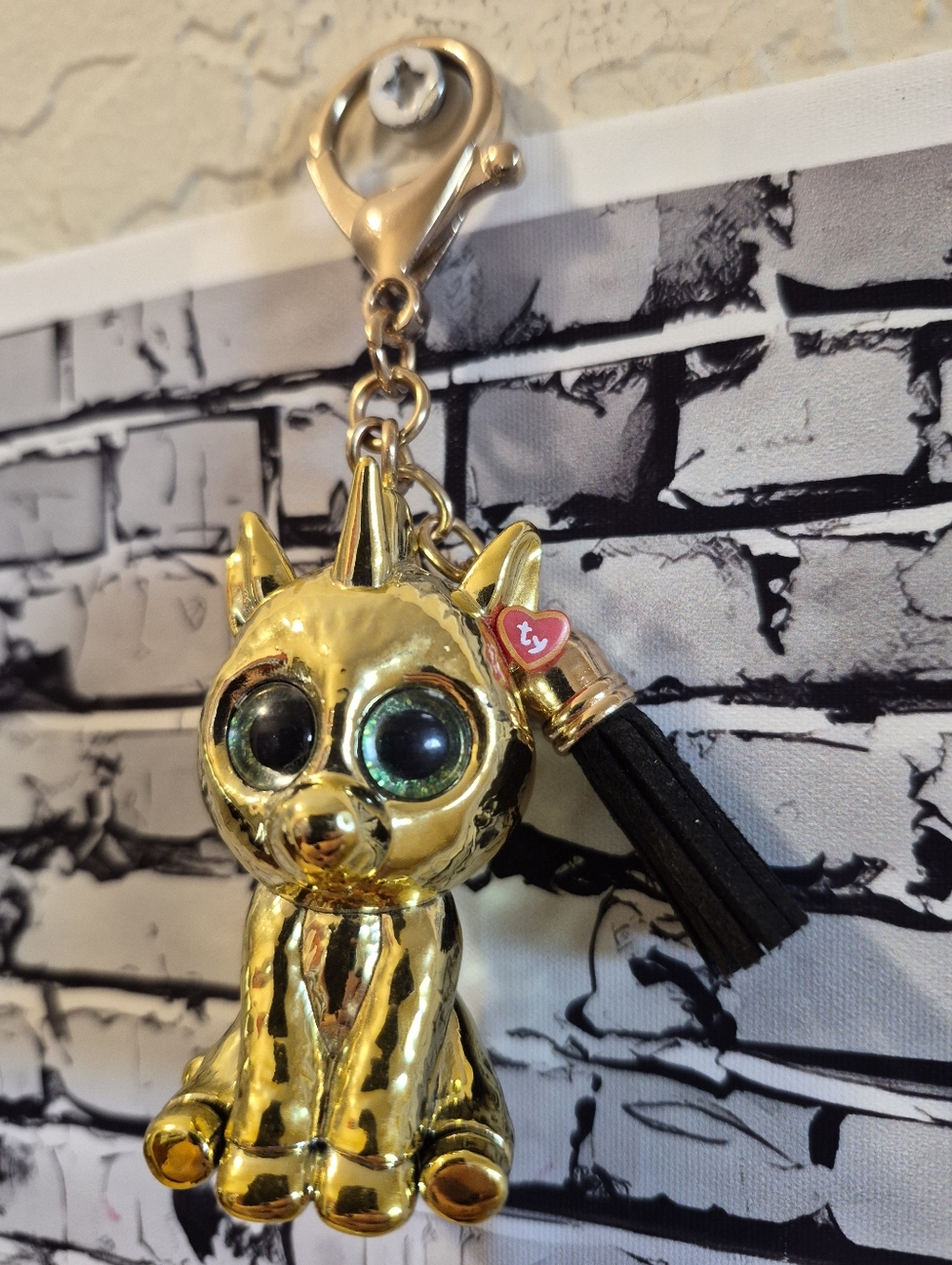 TY Gold Cat Bag Charm Keychain with Black Tassel - Picture 3 of 6